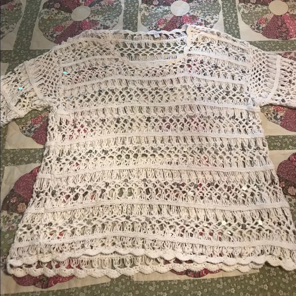 Roz & Ali Crocheted Sequin White cover up top 2X